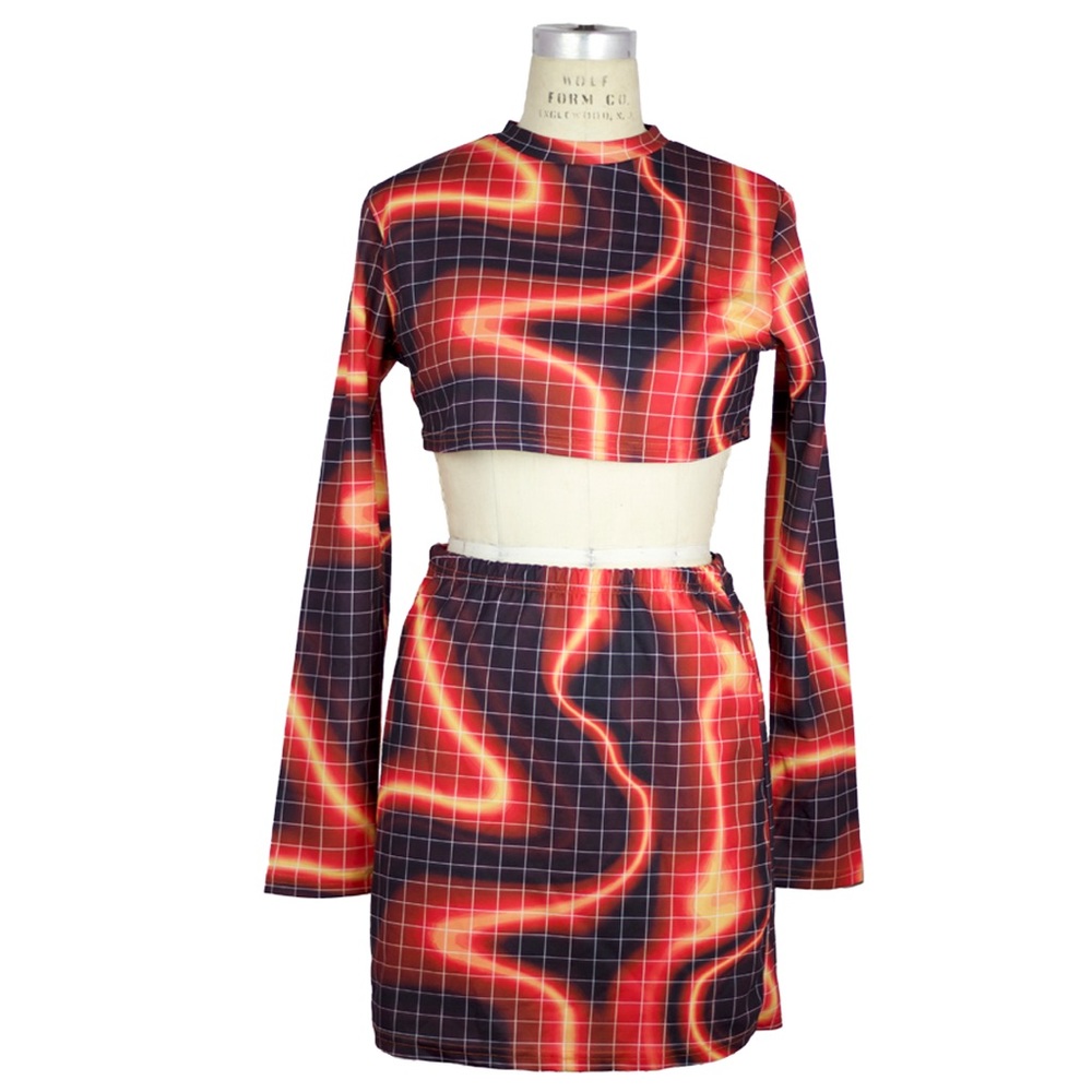 Shein two piece long sleeve shirt crop top and skirt flame set (SIZE M)